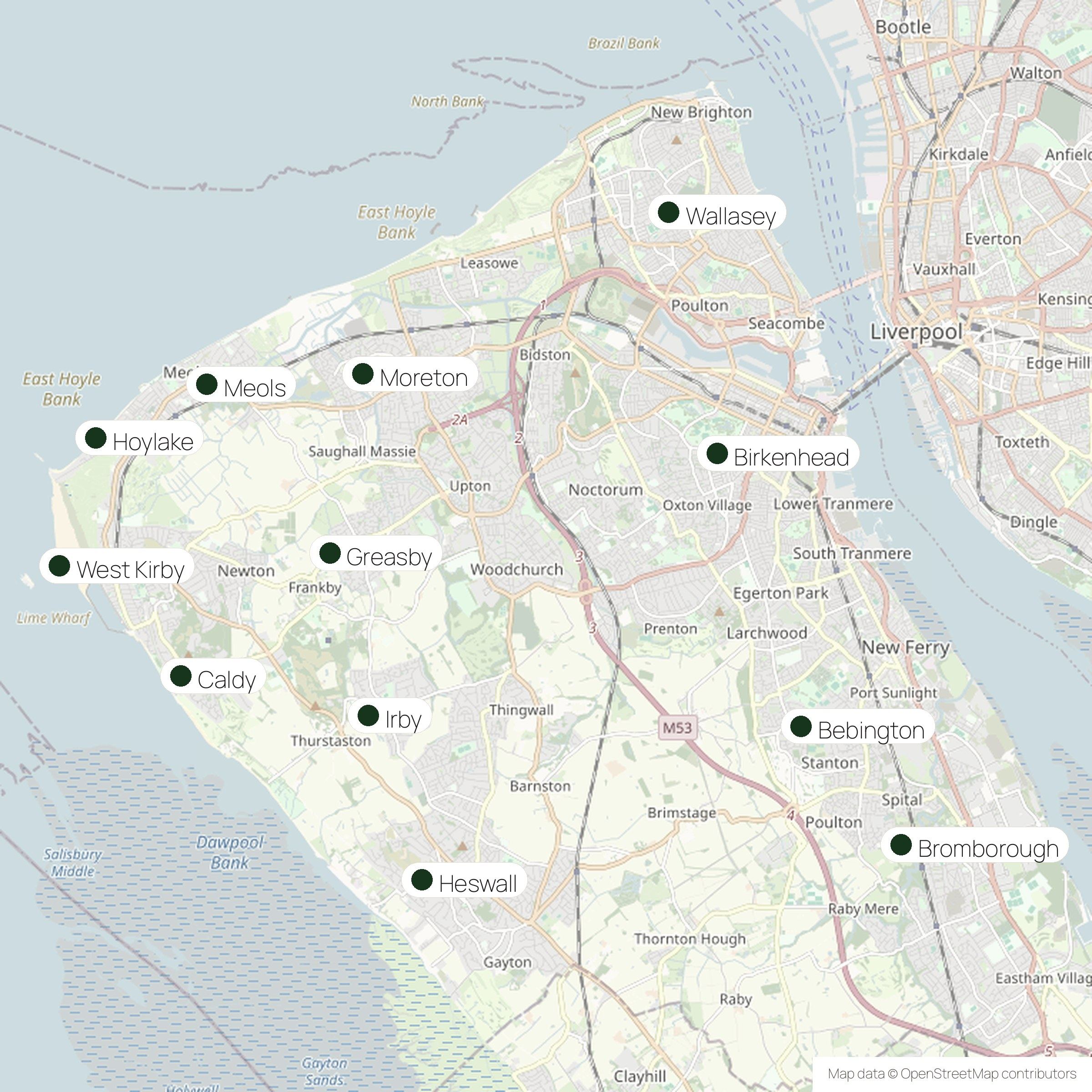 Outline map of the Wirral peninsula with the twelve towns we cover marked on it