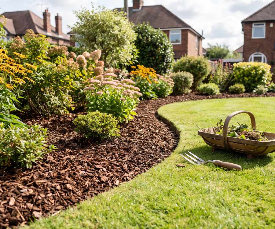 A weeded border with bark mulch spread around shrubs, meeting a mown lawn at a cut edge