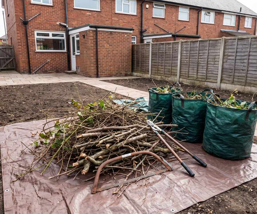 Cut brambles and prunings stacked on a ground sheet beside full green waste bags
