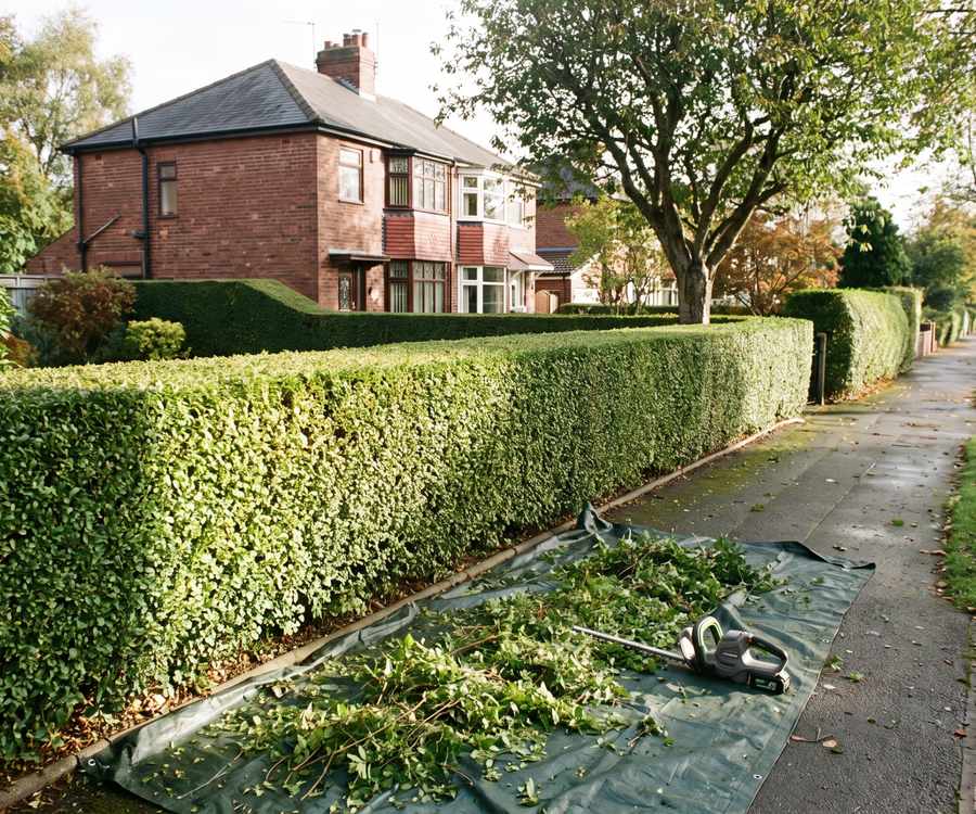 A long privet hedge cut level along the top, clippings on a ground sheet at its foot