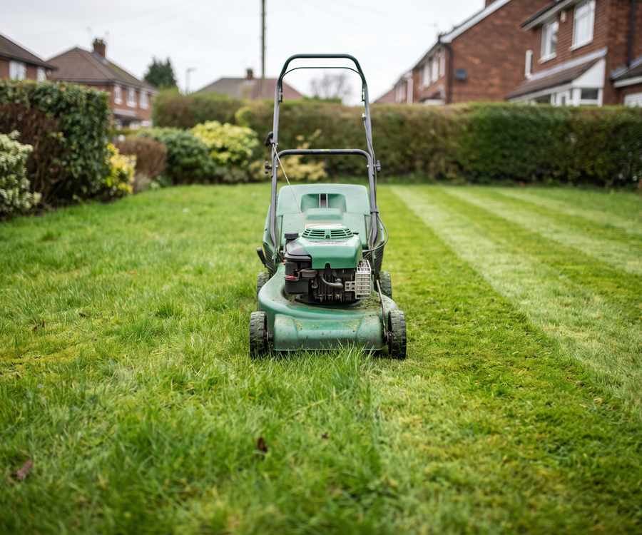 A rotary mower part way across a lawn, the mown stripe shorter than the grass ahead of it