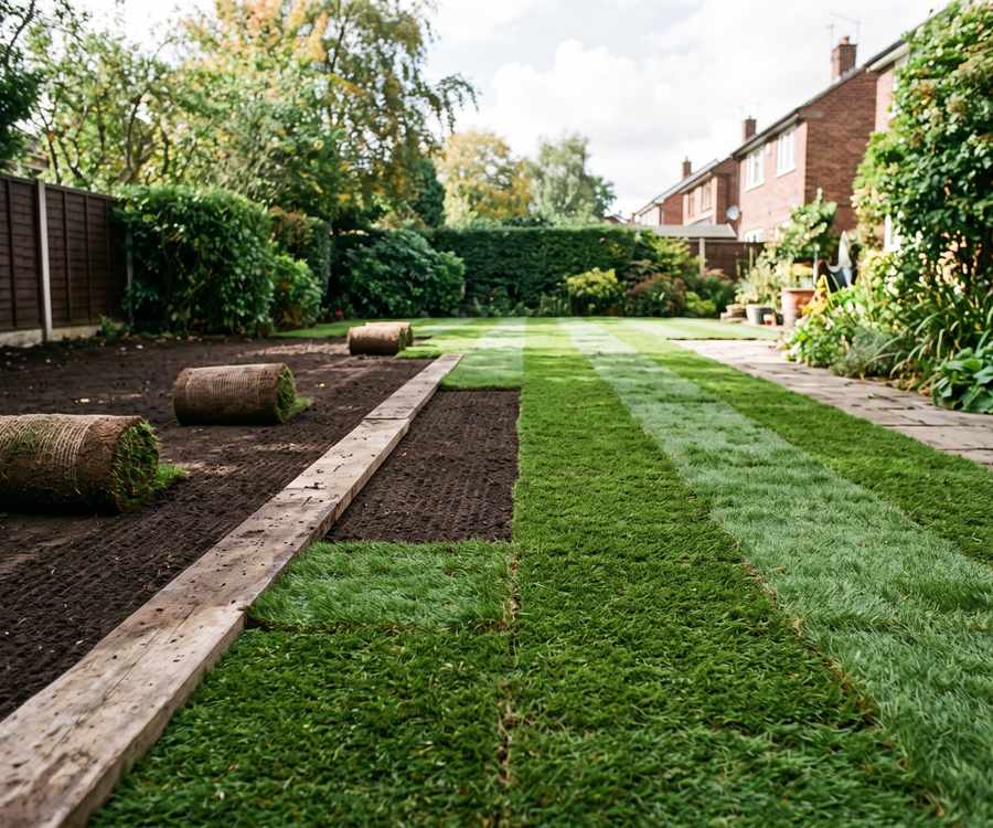 Rolls of fresh turf laid in staggered rows across prepared soil, with more rolls waiting at the edge