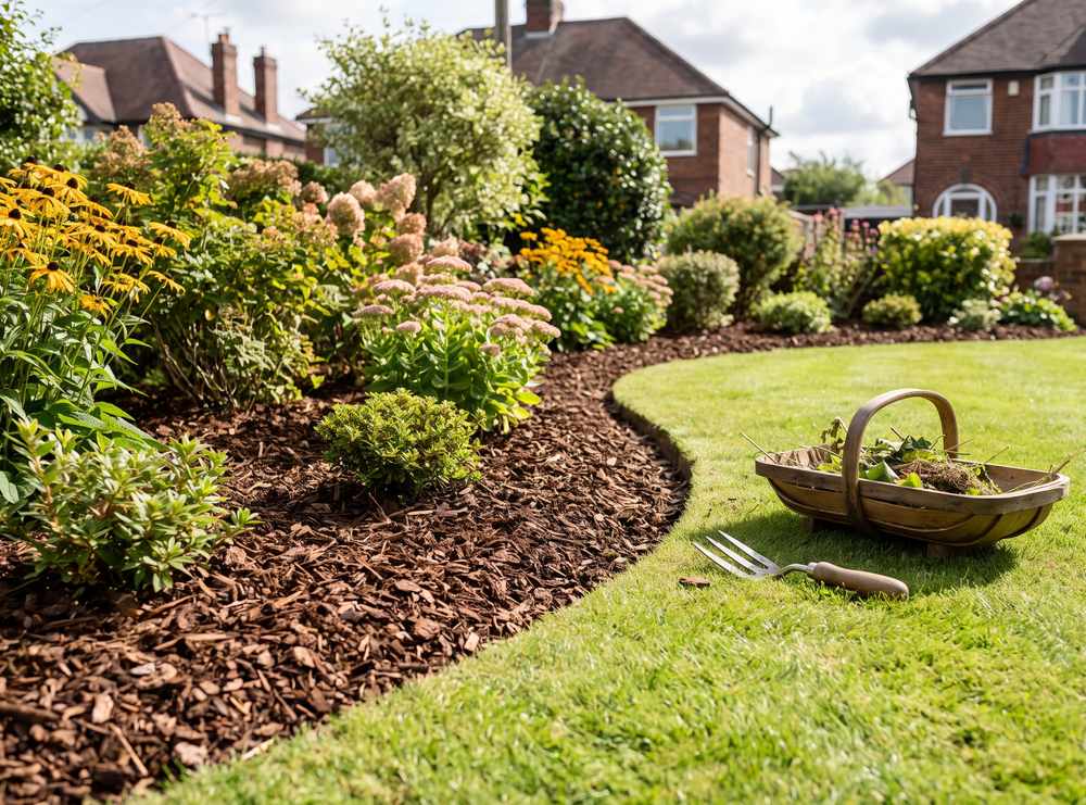 A weeded border with bark mulch spread around shrubs, meeting a mown lawn at a cut edge