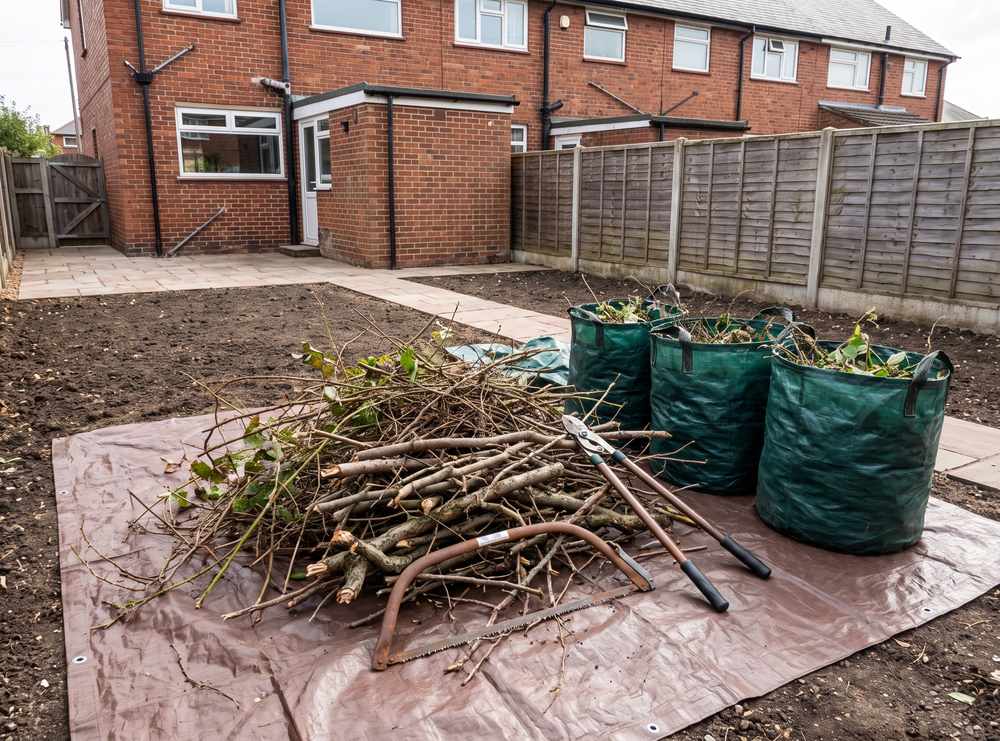Cut brambles and woody prunings stacked on a ground sheet beside full green waste bags, with cleared ground behind