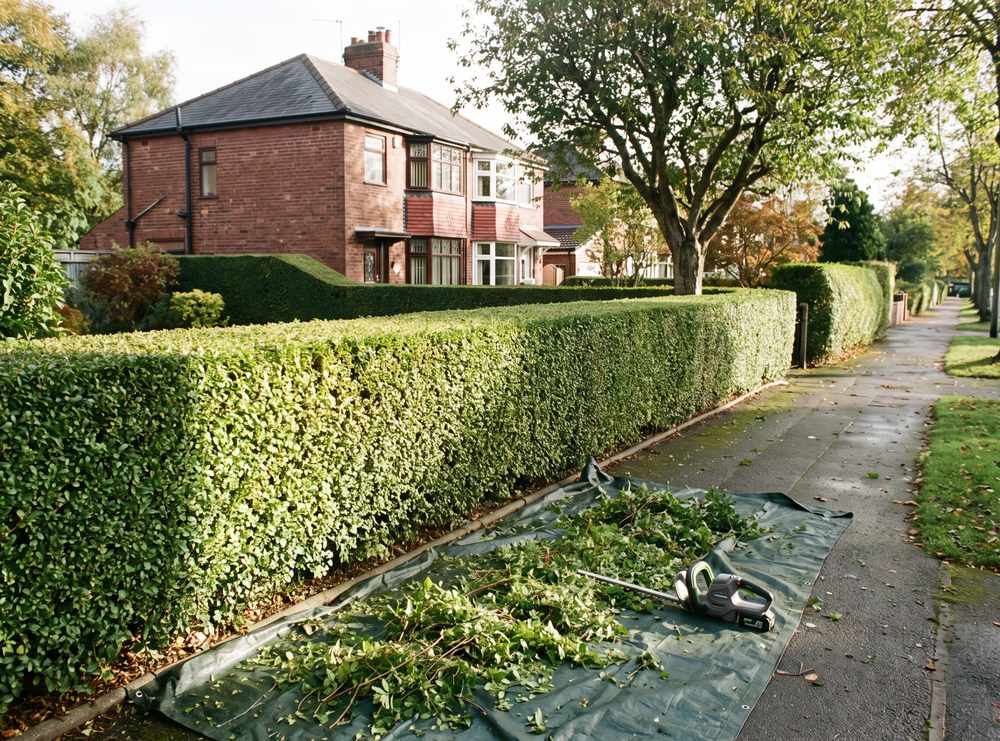 A long privet hedge cut level along the top with crisp square sides, clippings on a ground sheet at its foot