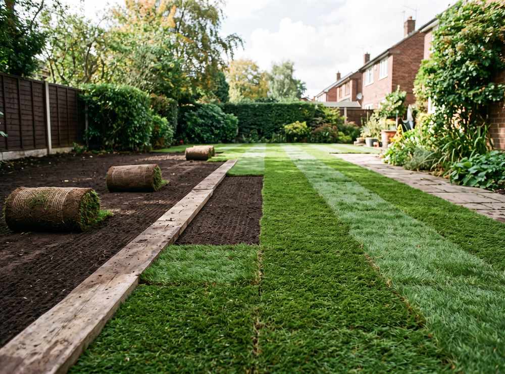 Rolls of fresh turf laid in staggered rows across prepared soil, with more rolls waiting at the edge
