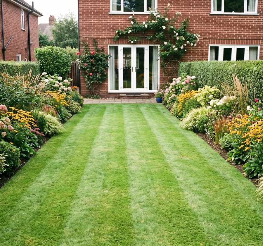 A mown back lawn with soft stripes running towards a red brick semi, borders either side, photographed in September light