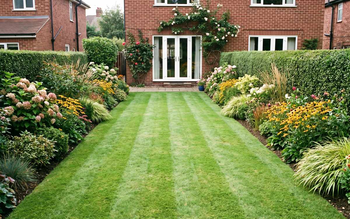 A mown back lawn with soft stripes running towards a red brick semi, borders either side, photographed in September light