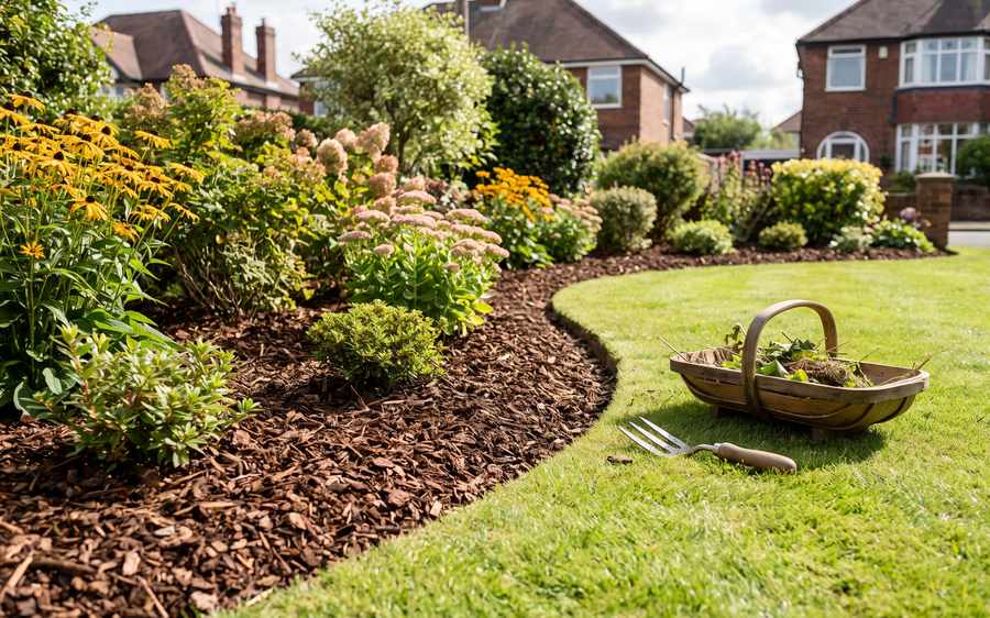 A weeded border with bark mulch spread around shrubs meeting a mown lawn at a cut edge