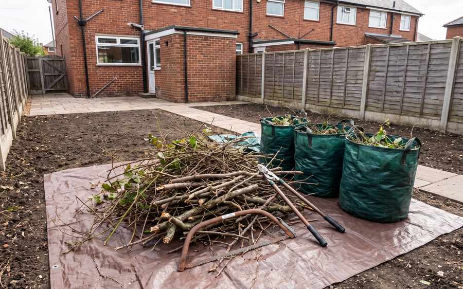 Cut prunings and hedge material stacked on a ground sheet beside full green waste bags