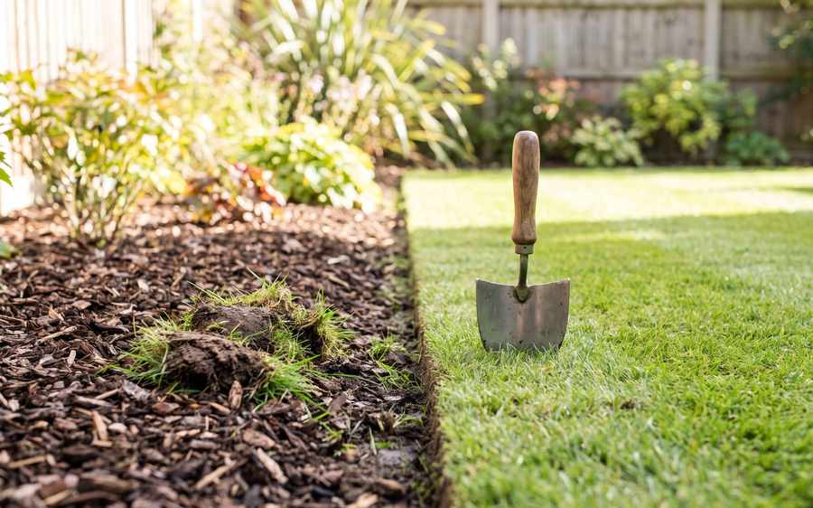 A half moon edging iron standing in the turf along a crisp freshly cut lawn edge beside a mulched border