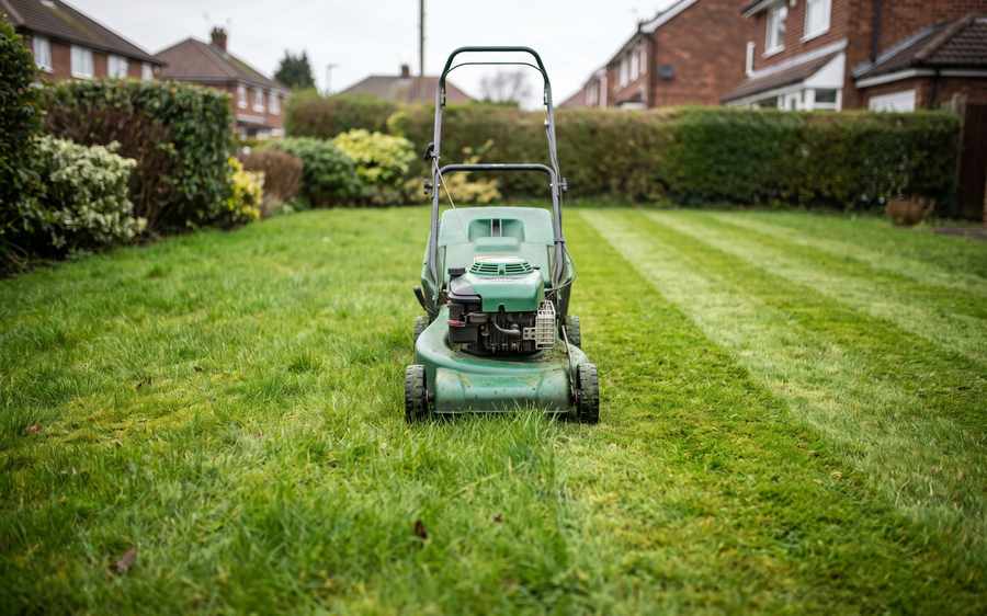 A rotary mower part way across a lawn with the mown stripe clearly shorter than the grass ahead of it