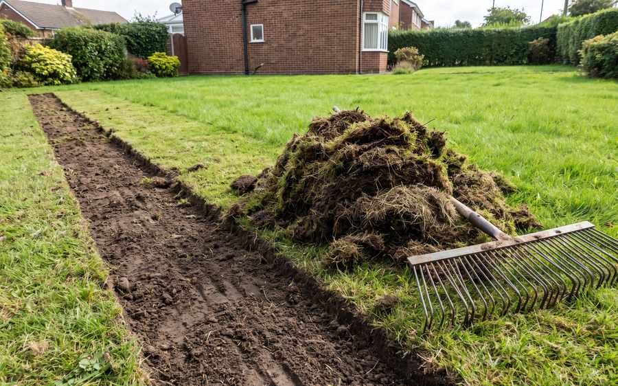 Parallel lines raked through a lawn with a heap of scarified moss to one side