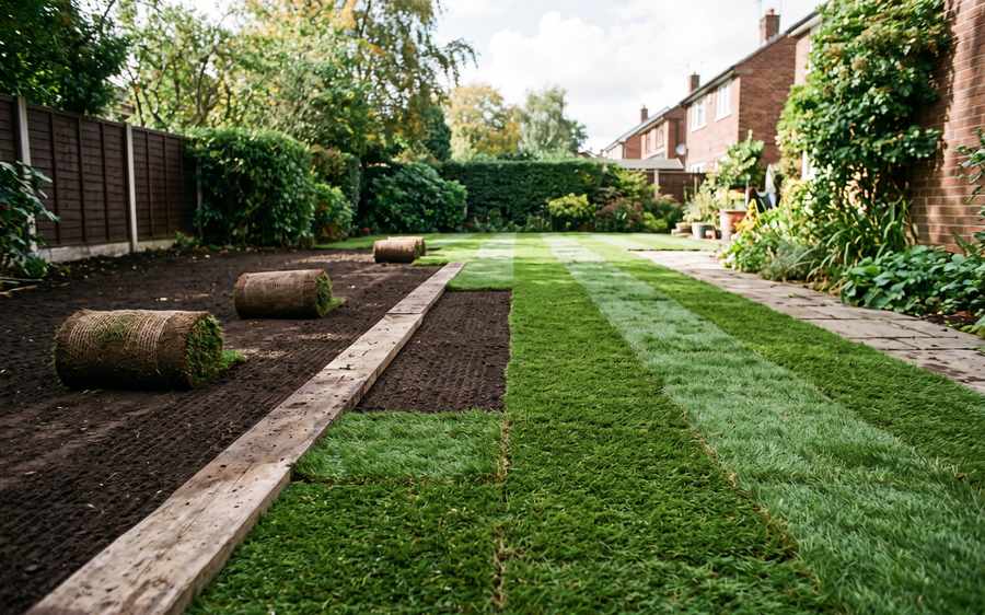 Rolls of fresh turf laid in staggered rows across prepared soil
